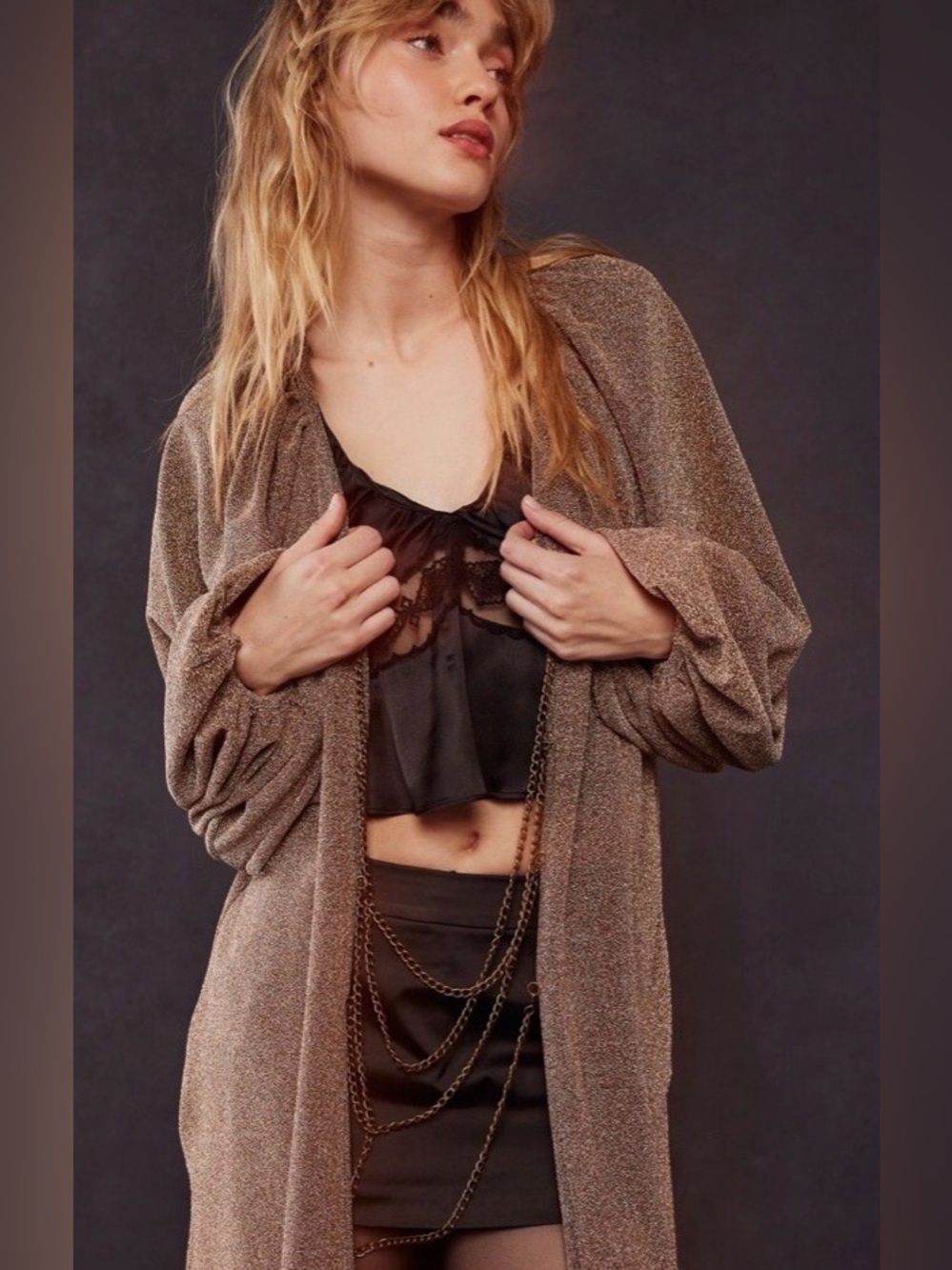 Jens Pirate Booty Slow Motion Kimono Sparkle Tiered Chain Front Champagne